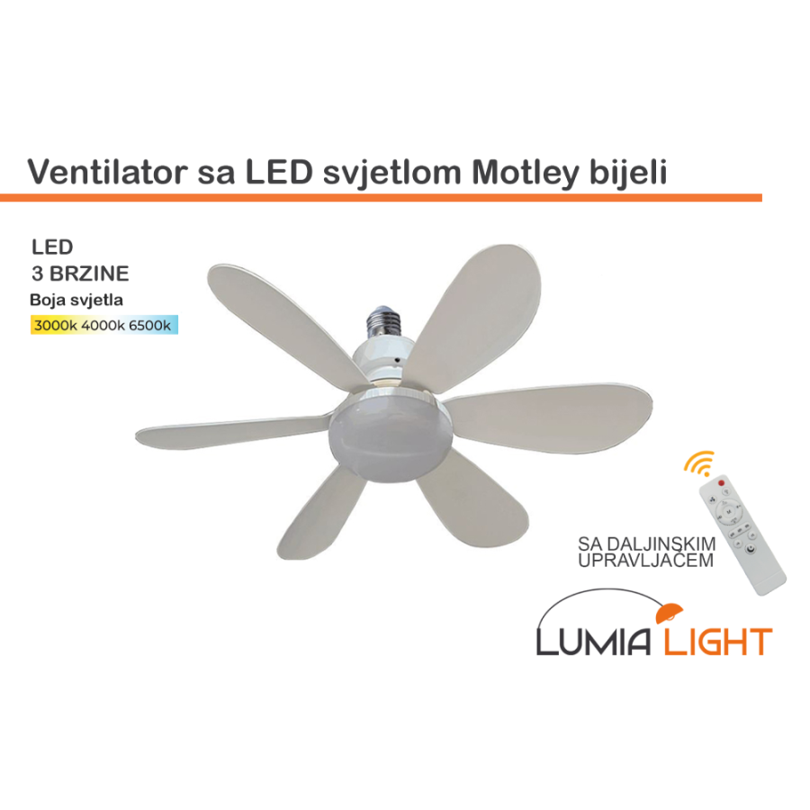 VENTILATOR LED STROPNI  MOTLEY 17W SA SVJETLOM E27 + DALJINSKI BIJELI