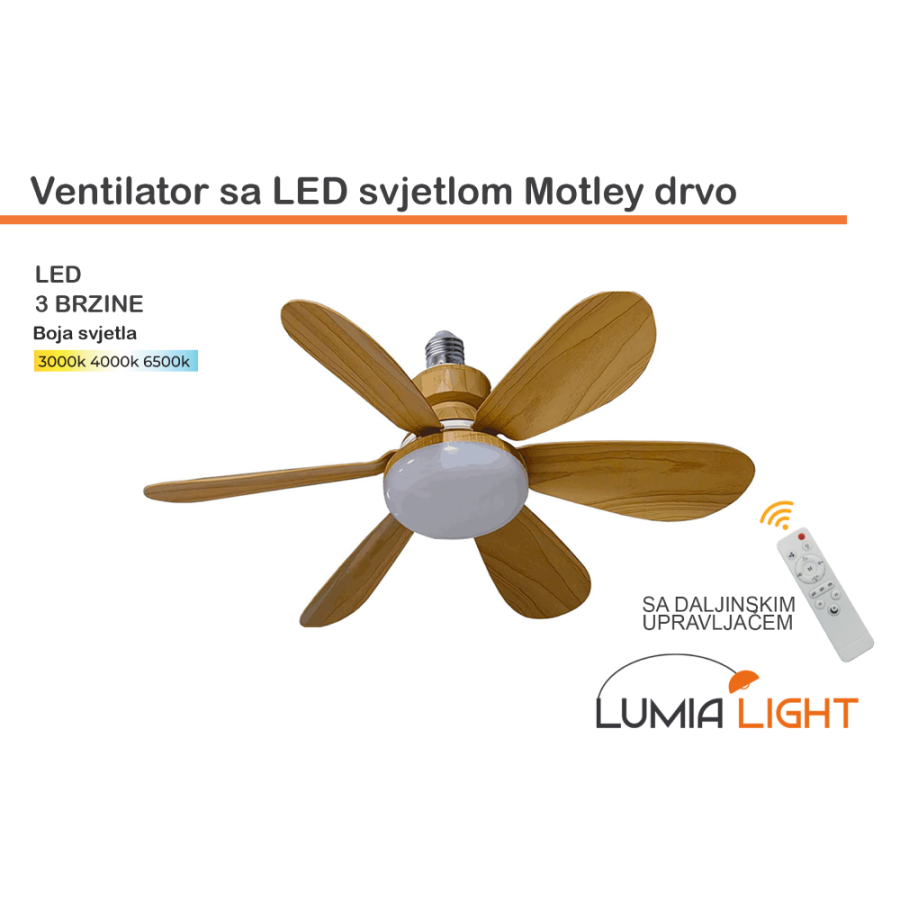 VENTILATOR LED STROPNI  MOTLEY 17W SA SVJETLOM E27 + DALJINSKI DRVO