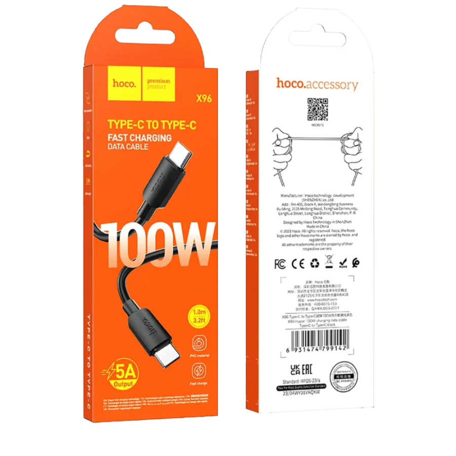 KABAL ZA MOBITEL TYPE-C NA TYPE-C 100W HOCO X96 CRNI