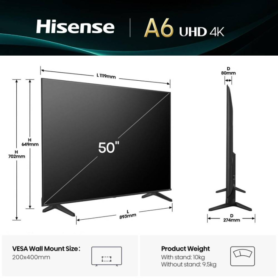 HISENSE TV LED 50" 50A6Q SMART 4K UHD